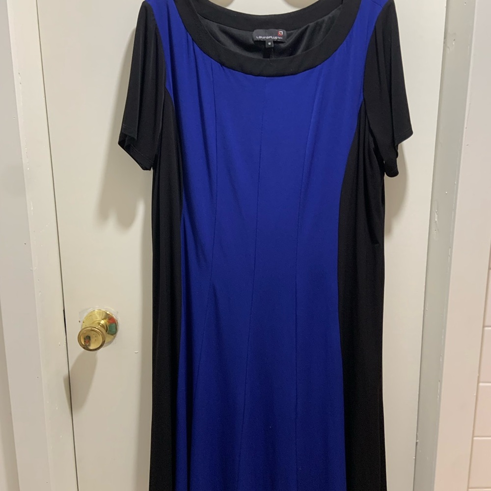 Blue and Black A-Line Midi Dress with Crew Neck